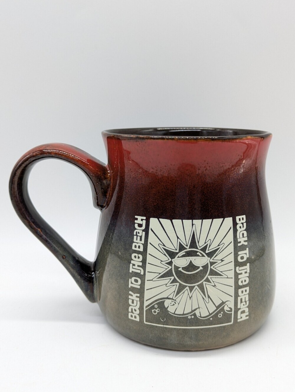 Tan Blue Red Sun Waves Ocean Ceramic Back To The Beach Coffee Mug